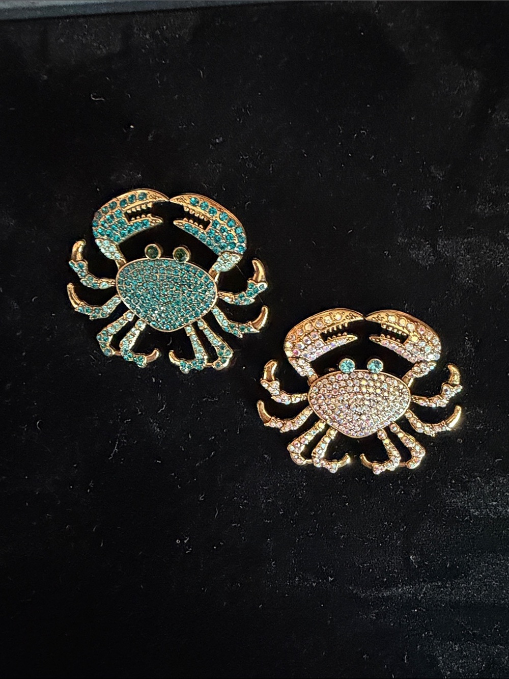 Gold Crab Brooch Pin with Turquoise and Clear Crystal Accents